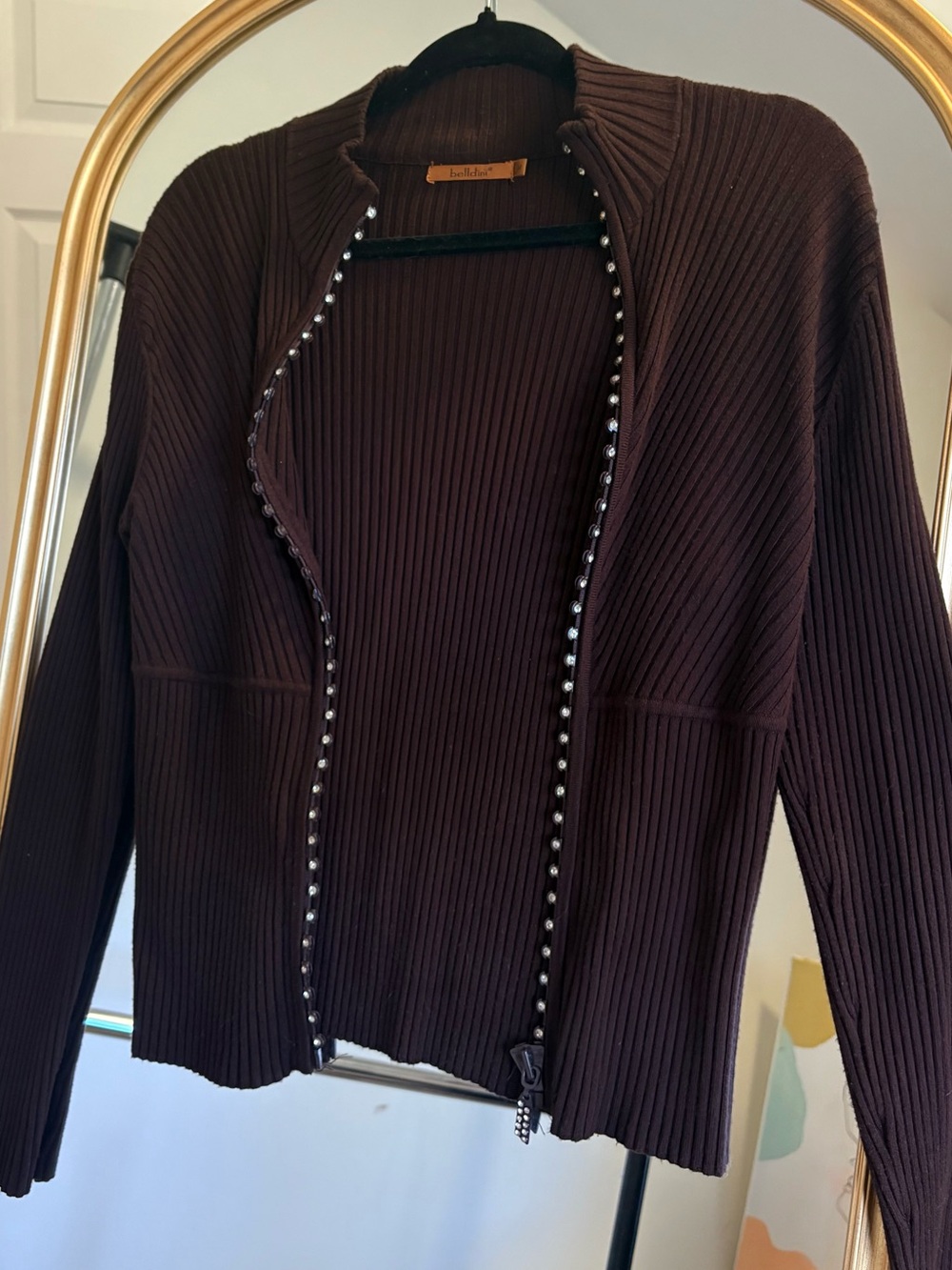 Belldini Ribbed Studded Diamond Zipper Cardigan Brown Y2K Chic Sweater Zipup